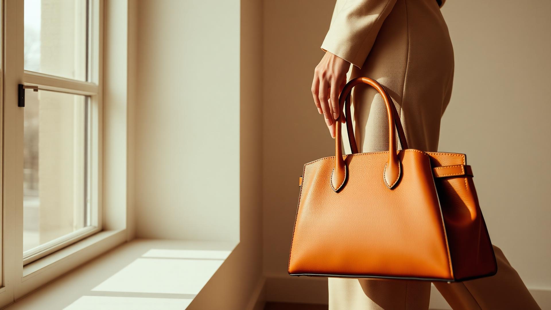 Model holding a tan leather Hugora handbag by a sunlit window